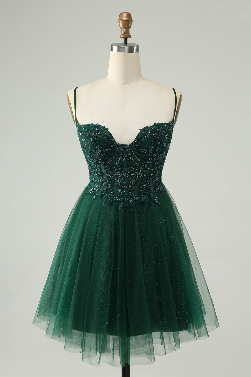 Load image into Gallery viewer, Glitter Dark Green A-Line Beaded Appliques Tulle Short Prom Dress