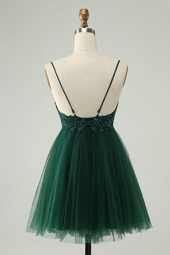 Glitter Dark Green A-Line Beaded Appliques Tulle Short Prom Dress