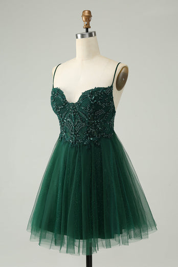 Glitter Dark Green A-Line Beaded Appliques Tulle Short Prom Dress