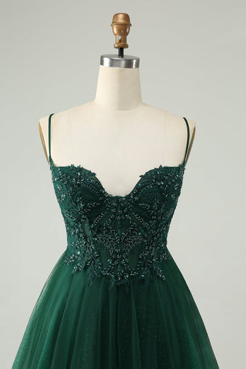 Glitter Dark Green A-Line Beaded Appliques Tulle Short Prom Dress