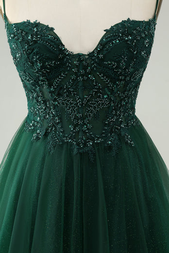 Glitter Dark Green A-Line Beaded Appliques Tulle Short Prom Dress