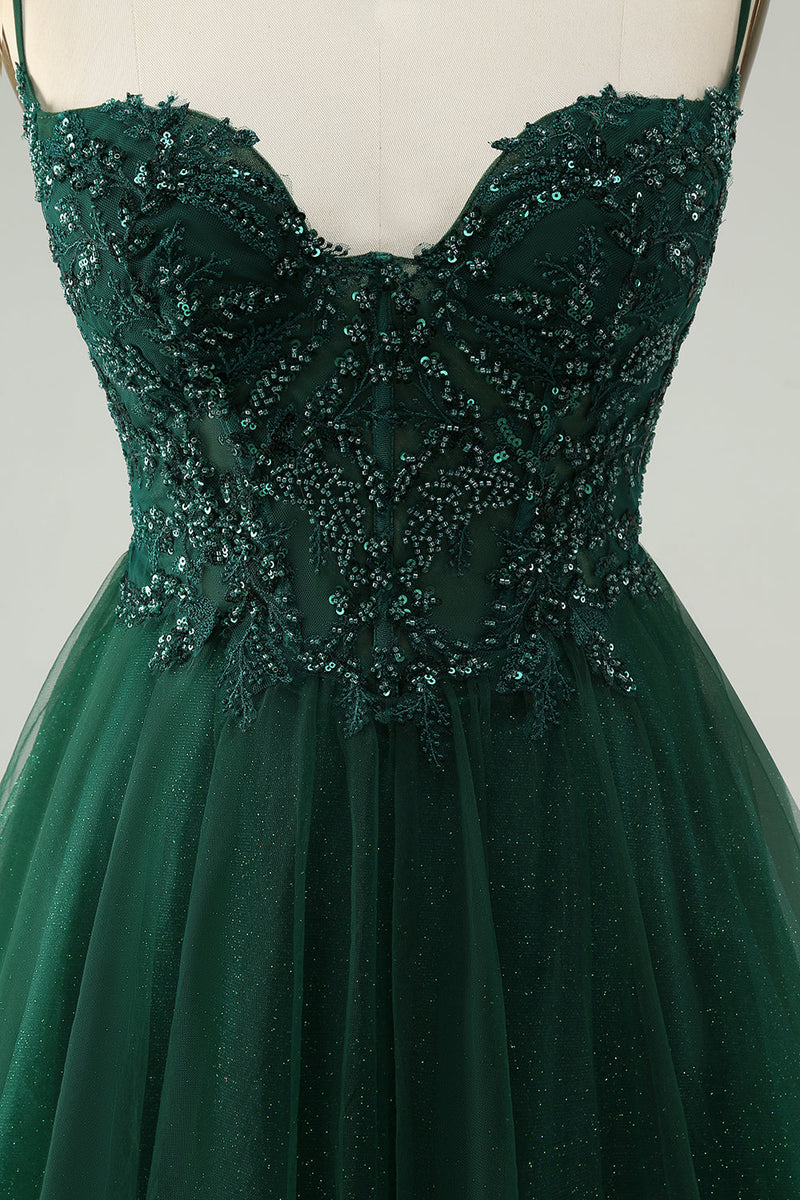 Load image into Gallery viewer, Glitter Dark Green A-Line Beaded Appliques Tulle Short Prom Dress