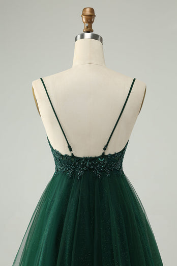 Glitter Dark Green A-Line Beaded Appliques Tulle Short Prom Dress