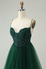 Load image into Gallery viewer, Glitter Dark Green A-Line Beaded Appliques Tulle Short Prom Dress