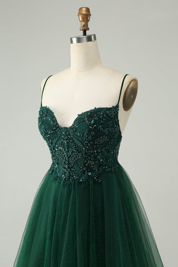 Glitter Dark Green A-Line Beaded Appliques Tulle Short Prom Dress