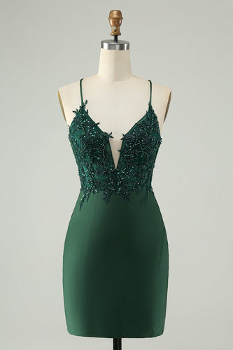 Glitter Dark Green Tight V Neck Beaded Party Dress