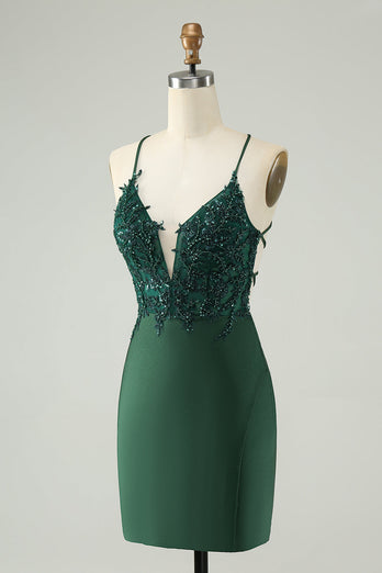 Glitter Dark Green Tight V Neck Beaded Party Dress