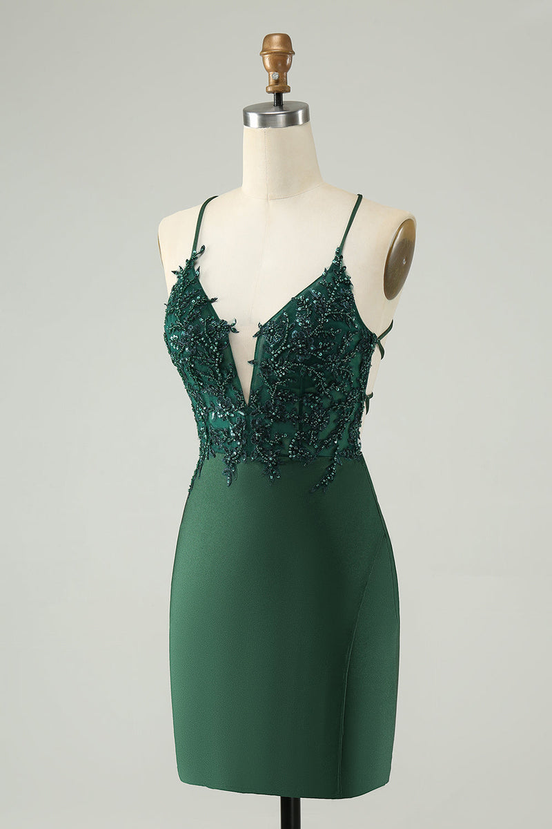 Load image into Gallery viewer, Glitter Dark Green Tight V Neck Beaded Party Dress