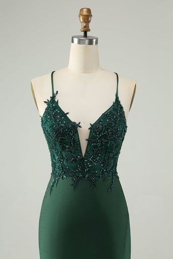 Glitter Dark Green Tight V Neck Beaded Party Dress