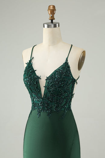 Glitter Dark Green Tight V Neck Beaded Party Dress