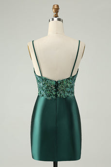 Glitter Dark Green Tight V Neck Short Prom Dress with Sequins