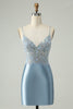 Load image into Gallery viewer, Glitter Dusty Blue Beaded Floral Tight Satin Short Prom Dress