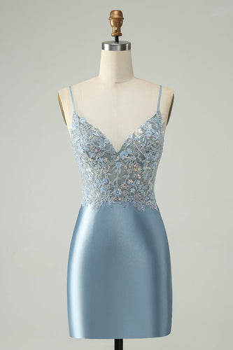 Glitter Dusty Blue Beaded Floral Tight Satin Short Prom Dress