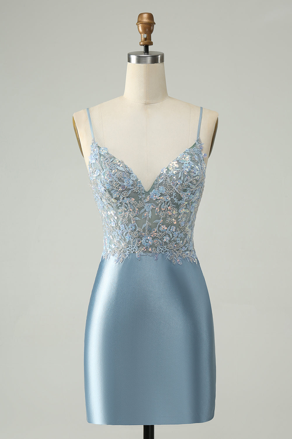 Glitter Dusty Blue Beaded Floral Tight Satin Short Prom Dress