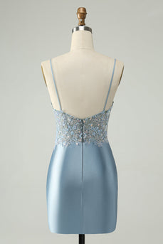 Glitter Dusty Blue Beaded Floral Tight Satin Short Prom Dress