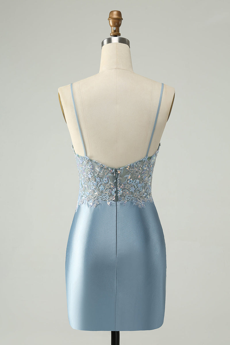 Load image into Gallery viewer, Glitter Dusty Blue Beaded Floral Tight Satin Short Prom Dress