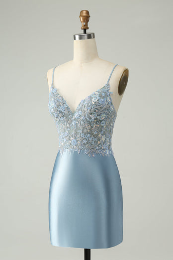 Glitter Dusty Blue Beaded Floral Tight Satin Short Prom Dress