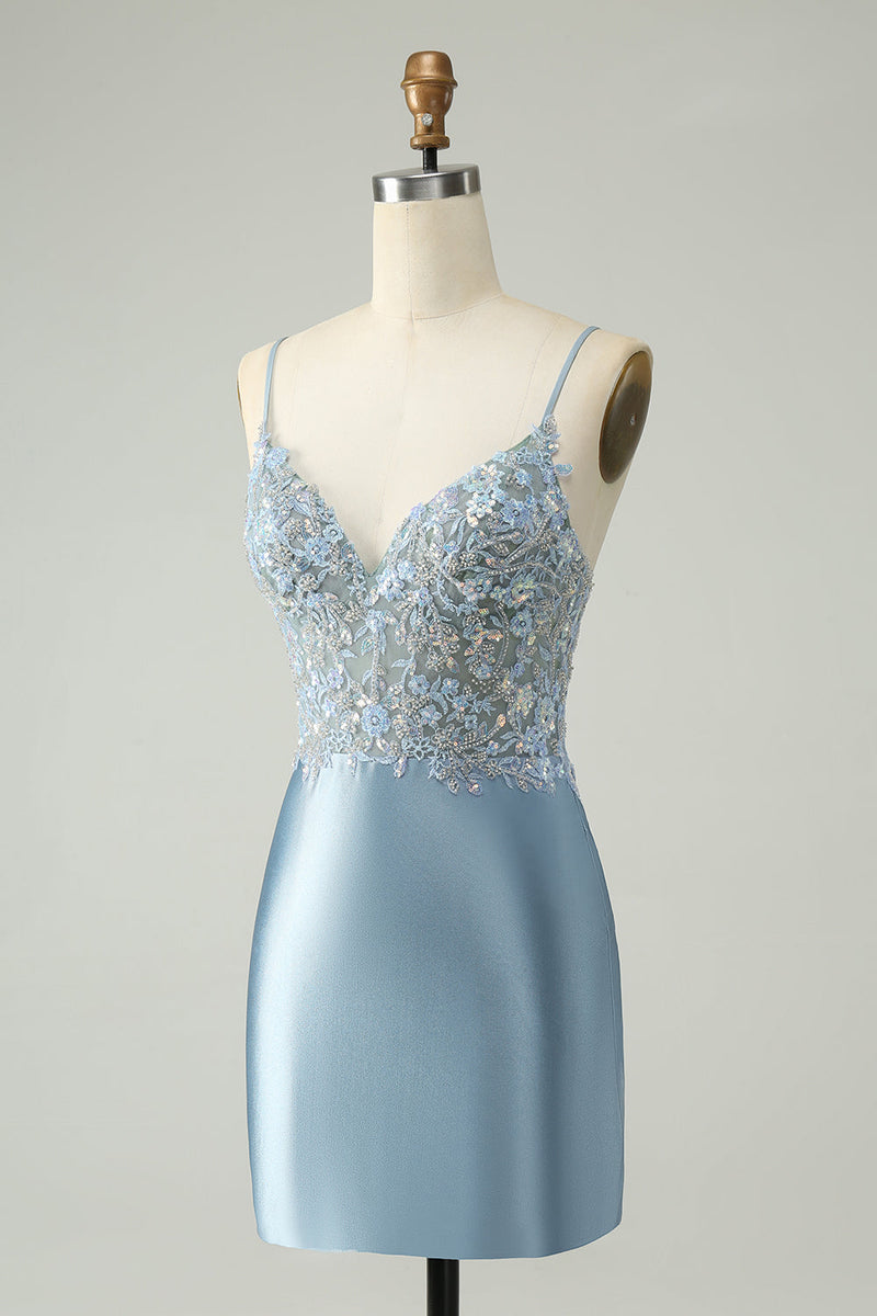 Load image into Gallery viewer, Glitter Dusty Blue Beaded Floral Tight Satin Short Prom Dress