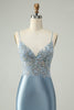 Load image into Gallery viewer, Glitter Dusty Blue Beaded Floral Tight Satin Short Prom Dress