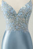 Load image into Gallery viewer, Glitter Dusty Blue Beaded Floral Tight Satin Short Prom Dress