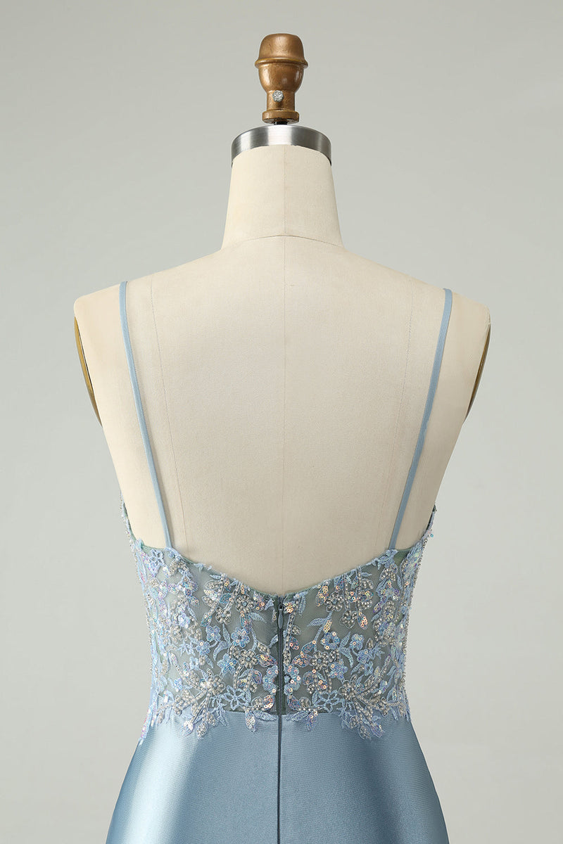 Load image into Gallery viewer, Glitter Dusty Blue Beaded Floral Tight Satin Short Prom Dress