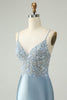 Load image into Gallery viewer, Glitter Dusty Blue Beaded Floral Tight Satin Short Prom Dress