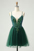 Load image into Gallery viewer, Glitter Dark Green A-Line Sequined Appliques V Neck Party Dress