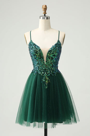 Glitter Dark Green A-Line Sequined Appliques V Neck Party Dress