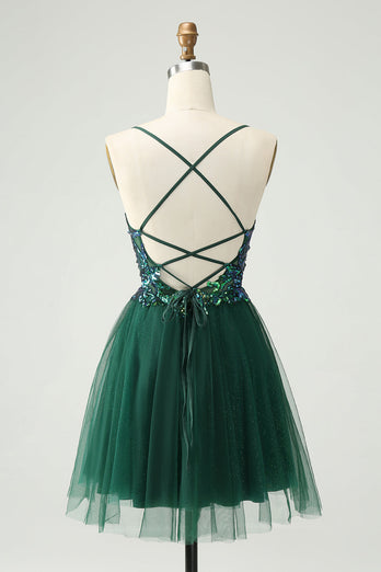 Glitter Dark Green A-Line Sequined Appliques V Neck Party Dress