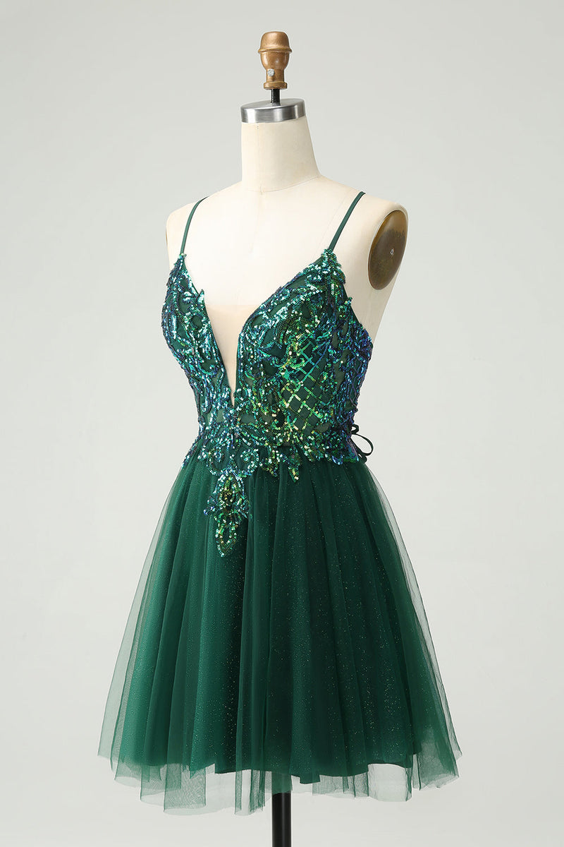 Load image into Gallery viewer, Glitter Dark Green A-Line Sequined Appliques V Neck Party Dress