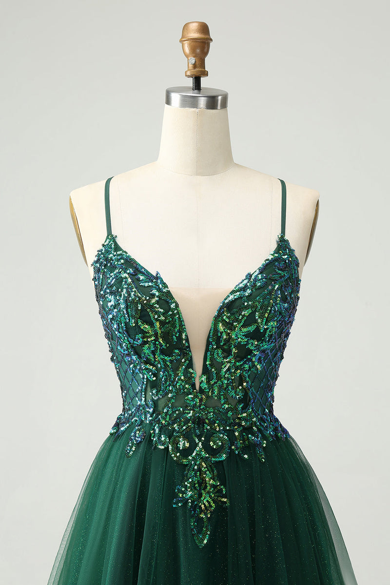 Load image into Gallery viewer, Glitter Dark Green A-Line Sequined Appliques V Neck Party Dress