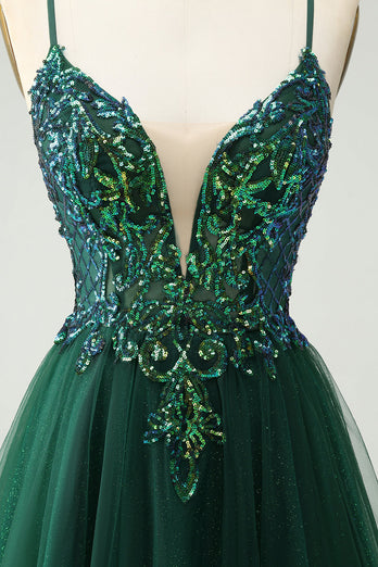 Glitter Dark Green A-Line Sequined Appliques V Neck Party Dress