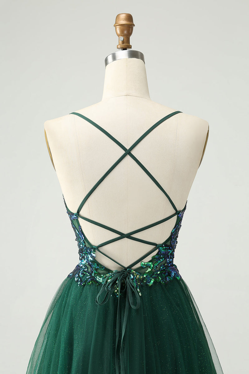 Load image into Gallery viewer, Glitter Dark Green A-Line Sequined Appliques V Neck Party Dress