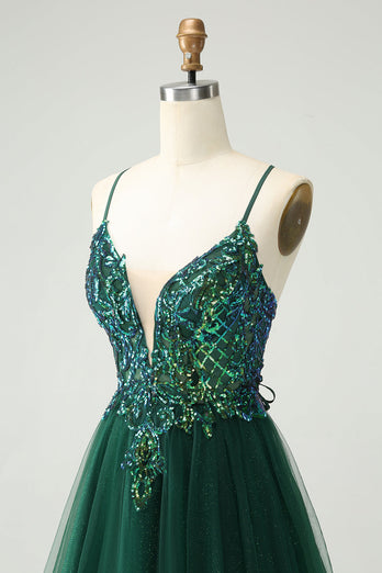 Glitter Dark Green A-Line Sequined Appliques V Neck Party Dress