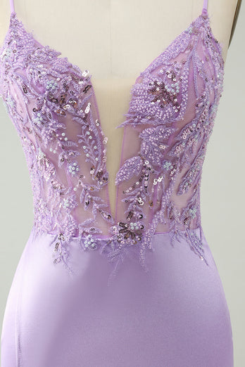 Glitter Purple V Neck Tight Sequined Appliques Short Prom Dress