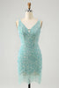 Load image into Gallery viewer, Sparkly Sage Bodycon V Neck Short Prom Dress with Tassels