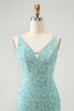 Load image into Gallery viewer, Sparkly Sage Bodycon V Neck Short Prom Dress with Tassels