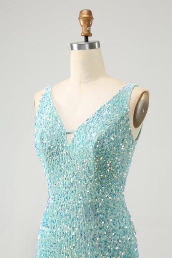 Sparkly Sage Bodycon V Neck Short Prom Dress with Tassels