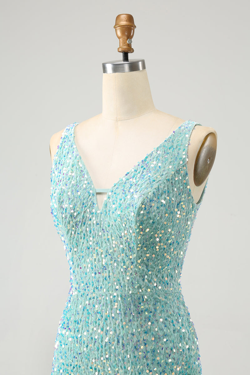 Load image into Gallery viewer, Sparkly Sage Bodycon V Neck Short Prom Dress with Tassels