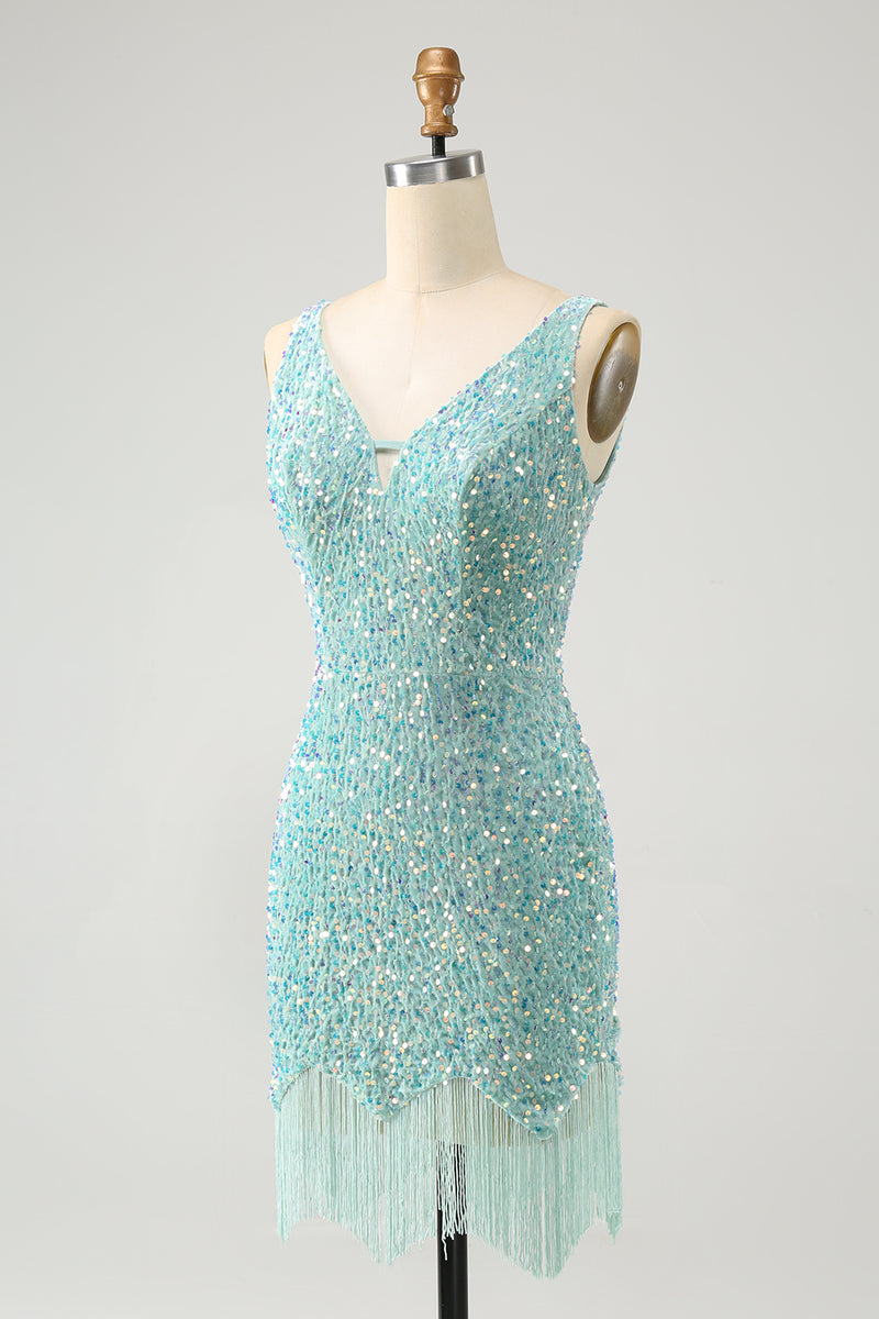 Load image into Gallery viewer, Sparkly Sage Bodycon V Neck Short Prom Dress with Tassels