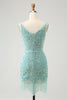 Load image into Gallery viewer, Sparkly Sage Bodycon V Neck Short Prom Dress with Tassels