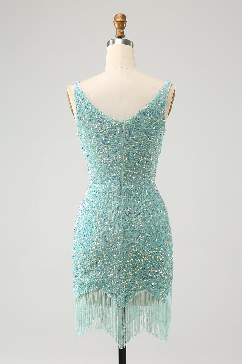 Load image into Gallery viewer, Sparkly Sage Bodycon V Neck Short Prom Dress with Tassels