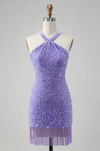 Sparkly Lilac Bodycon Halter Tassel Sequins Party Dress