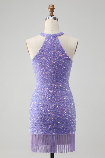 Sparkly Lilac Bodycon Halter Tassel Sequins Party Dress