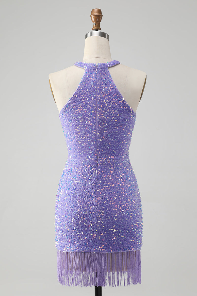 Load image into Gallery viewer, Sparkly Lilac Bodycon Halter Tassel Sequins Party Dress