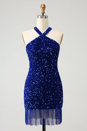 Sparkly Royal Blue Bodycon Halter Sequin Party Dress with Tassel