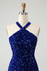 Load image into Gallery viewer, Sparkly Royal Blue Bodycon Halter Sequin Party Dress with Tassel