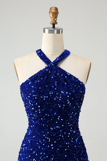 Sparkly Royal Blue Bodycon Halter Sequin Party Dress with Tassel