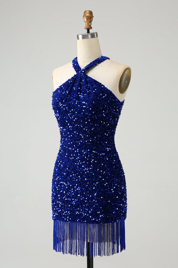 Sparkly Lilac Bodycon Halter Tassel Sequins Party Dress