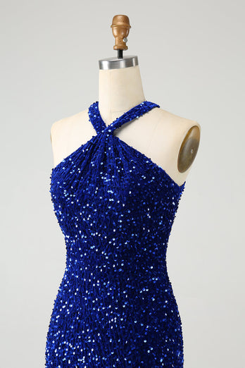 Sparkly Royal Blue Bodycon Halter Sequin Party Dress with Tassel